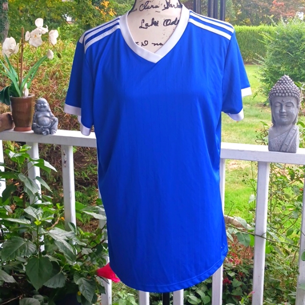 ADIDAS 3 Stripe White & Blue Climalite Short Sleeve Shirt